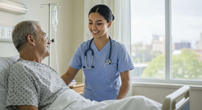 CNA assisting an elderly patient in a healthcare facility