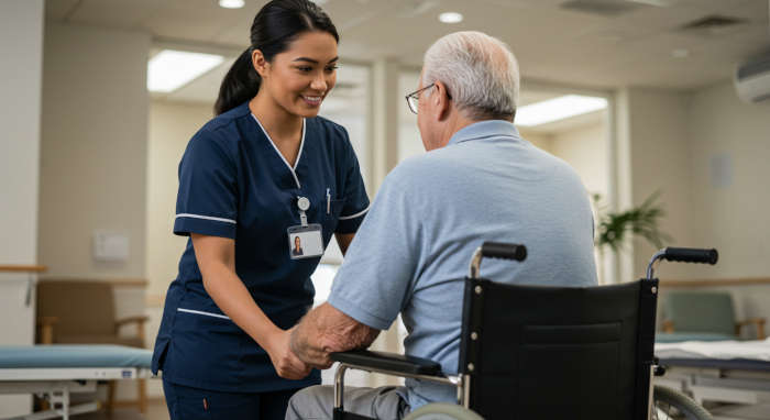 Certified Nursing Assistant (CNA) providing compassionate care and assistance to an elderly patient in a healthcare setting